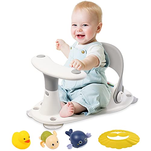 Epzia Baby Badewannensitz mit Wasserthermometer, 4 starken Saugnäpfen, 3 Badespielzeugen und Duschhaube - geeignet für Babys ab 6 Monaten zum Sitzen in der Babywanne (Grau)