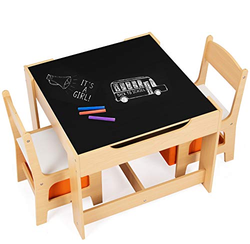 DREAMADE Multifunktionale Kindersitzgruppe, Kindertisch mit 2 Stühle & 2 Aufbewahrungsboxen für zusätzlichen Stauraum, abnehmbare Tischplatte mit Tafel für Malen, 3-teiliges Set Kindermöbel (Natur)