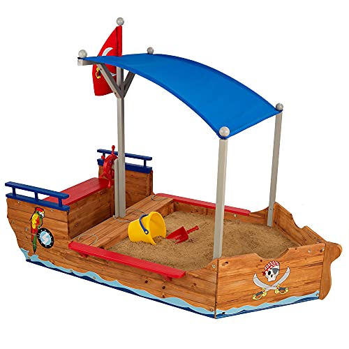 KidKraft Piratenschiff Sandkasten aus Holz mit Abdeckung, Sandkasten mit Dach, Outdoor Spiele für Kinder, Gartenspielzeug, 00128