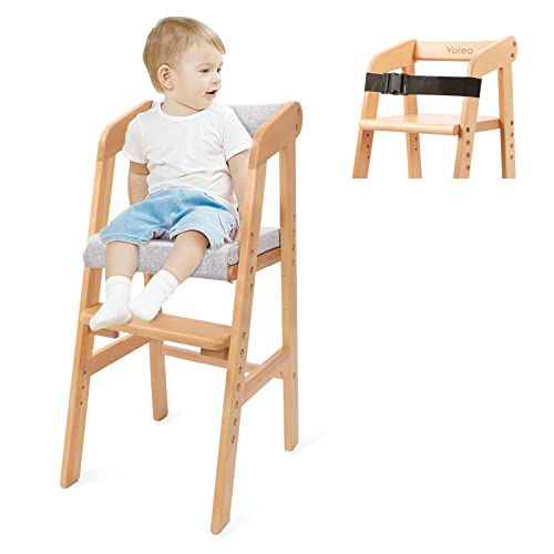 YOLEO hochstuhl, höhenverstellbarer Holzhochstuhl für kinder von 2 bis 12 Jahren, mitwachsender Buchenholz Babystuhl, Stuhl wächst mit dem Baby, zum Essen und Lernen (Natur mit Kissen)