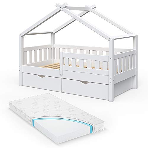 VitaliSpa Design Kinderbett Babybett Jugendbett Hausbett mit Schublade Lattenrost (80 x 160 cm + Matratze, Weiß)