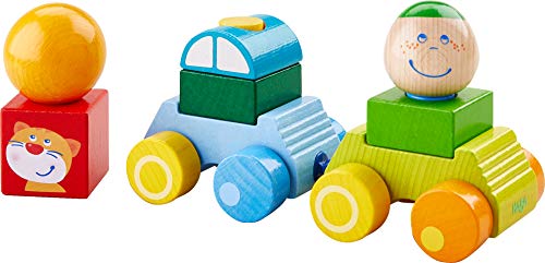 HABA 304739 - Entdeckerauto Anton, Auto mit Anhänger und Bausteinen aus Holz, Motorikspielzeug zum Stecken und Bauen, Spielzeug ab 12 Monaten
