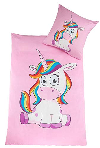 Kuscheli® Kinderbettwäsche Mädchen Einhorn Bettwäsche Set Unicorn Pony passend für Kinder Bettdecken 135x200 + Kissenbezug 80x80 rosa pink Pferde, Design - Motiv:Design 1
