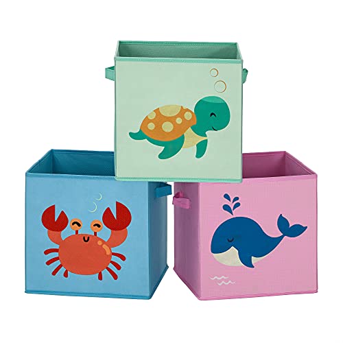 SONGMICS Aufbewahrungsboxen, 3er Set, Faltboxen, Stoffboxen mit Griffen, Spielzeug-Organizer, 30 x 30 x 30 cm, für Kinderzimmer, Spielzimmer, Meer-Motive, blau, grün und rosa RFB701Y03
