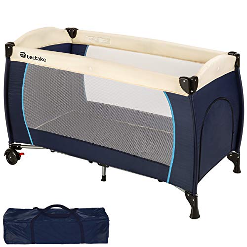 TecTake 800395 Kinderreisebett mit Schlafunterlage und praktischer Transporttasche, 126 x 65 x 80 cm (Blau | Nr. 402416)