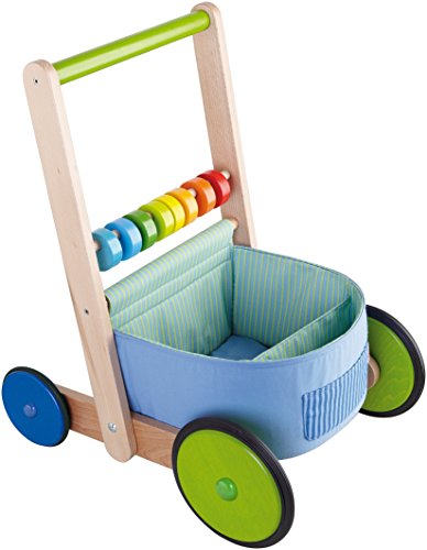 HABA 6432 - Lauflernwagen Farbenspaß, Lauflernhilfe aus Holz und Textil mit bunten Spielelementen, Transportfach für Spielsachen, Bremse und Gummirädern, ab 10 Monaten