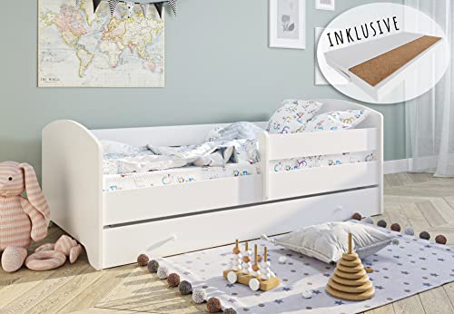 Kinderbett 160x80 cm mit Matratze und Schublade, Rausfallschutz & Lattenrost in weiß Jungen und Mädchen