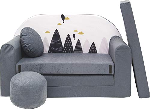 Kindersofa Bettfunktion 3in1 Sofa + Gratis Polsterhocker und Kissen Kindermöbel Set - AX2