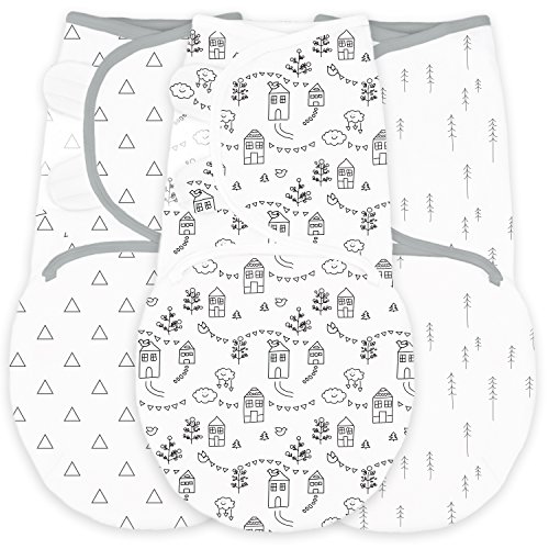 Amazing Baby von SwaddleDesigns, Set mit 3 größenverstellbaren Puckdecken, Kleines Dorf, Bäume und Dreiecke, Schwarz, Klein, 0-3 Monate