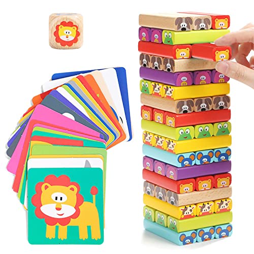 Nene Toys Wackelturm 4 in 1 aus Holz mit Farben und Tieren - Pädagogisches Kinderspiel ab 3 Jahre - Spielzeug für Mädchen und Jungs von 3 bis 9 Jahren - Stapelturm Holz Brettspiel