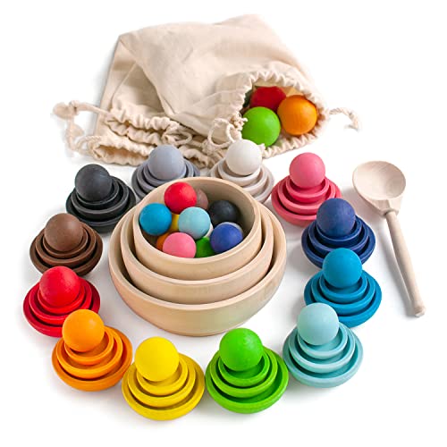 Ulanik Farben und Größen Montessori Spielzeug Holz Sorter Spiel 36 Bälle Alter 1+ Farbe Sortierung und Zählen Vorschule Lernen Bildung