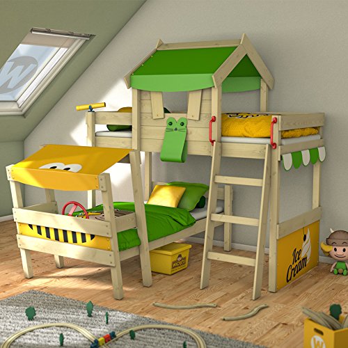 Wickey Kinderbett Etagenbett Crazy Trunky - apfelgrün/gelbe Plane Hausbett, 90 x 200 cm Hochbett