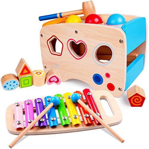Rolimate Lernspielzeug aus Holz, mit Hammer-Spielzeug, 8 Noten, Xylophon aus Holz, Würfel, zum Sortieren von Formen, bunt, Geschenk zum Geburtstag, Weihnachten, für Mädchen und Jungen, über 1 2 bis 3