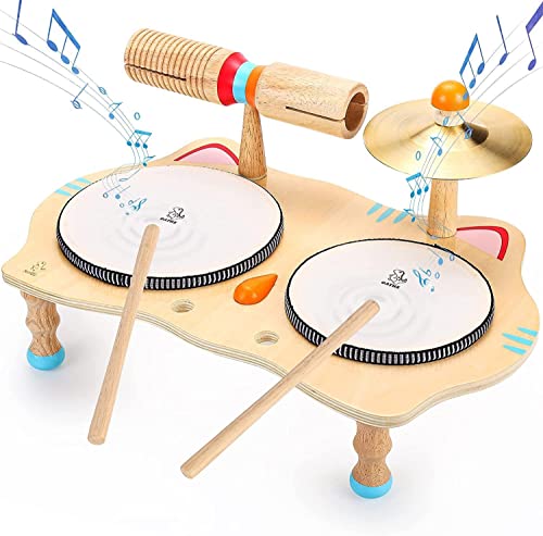 Spielzeug für Kinder aus Holz Musikspielzeug Trommel 6 in 1 Musik Kinderspielzeug Musikinstrumente für Kinder ab 2 Jahr Montessori Baby Toys 3 4 5 Geschenke für Mädchen Jungen Schlagzeug
