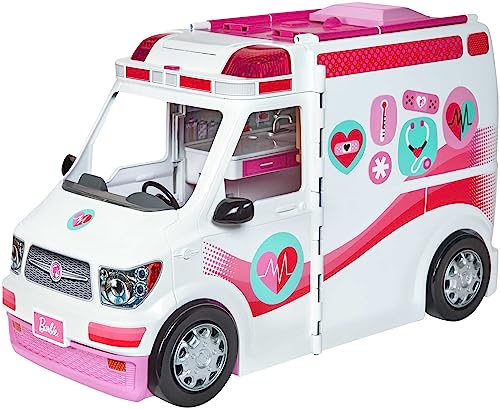 Barbie Krankenwagen, 2-in 1 inkl. aufklappbarem Krankenhaus-Spielset mit Licht und Geräuschen, 20x Barbie Zubehör wie Arztkoffer und Krücken, Spielzeug ab 3 Jahren, FRM19