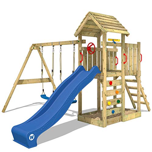 Wickey Spielturm Klettergerüst MultiFlyer mit Holzdach, Schaukel & Blauer Rutsche, Outdoor Kinder Kletterturm mit Sandkasten, Leiter & Spiel-Zubehör für den Garten