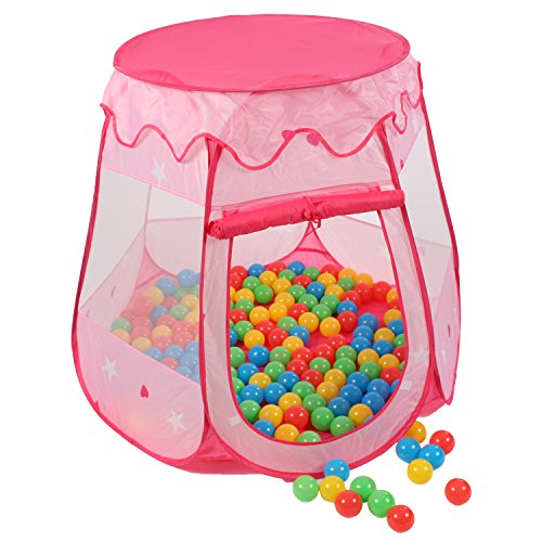 KIDUKU® Kinderspielzelt + 100 Bälle + Tasche Spielhaus Bällebad Schloss für drinnen und draußen (Pink)