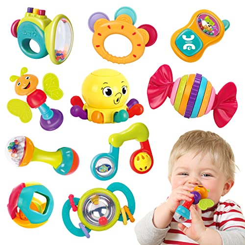 REMOKING Rassel Beißring Baby Spielzeug, Babyspielzeug ab 0 Monate, 10 PCS Früherziehung Spielzeug für Kleinkinder Jungen Mädchen